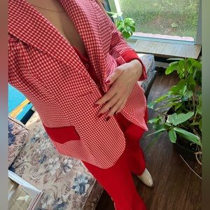 Red and white Lasso 70s checkered three piece leisure western flare pant suit